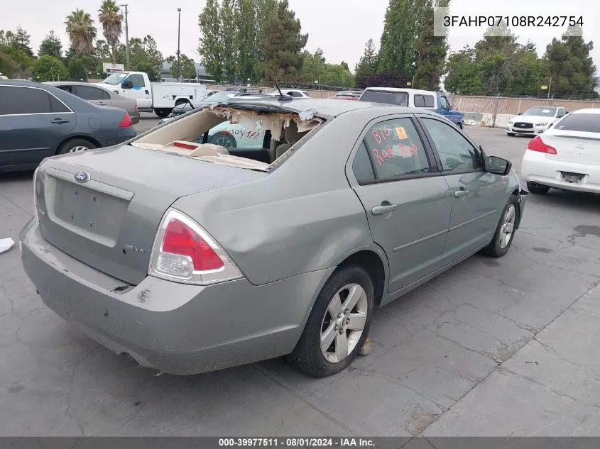 2008 Ford Fusion Se VIN: 3FAHP07108R242754 Lot: 39977511