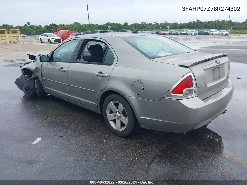 2008 Ford Fusion Se VIN: 3FAHP07Z78R274302 Lot: 40432822