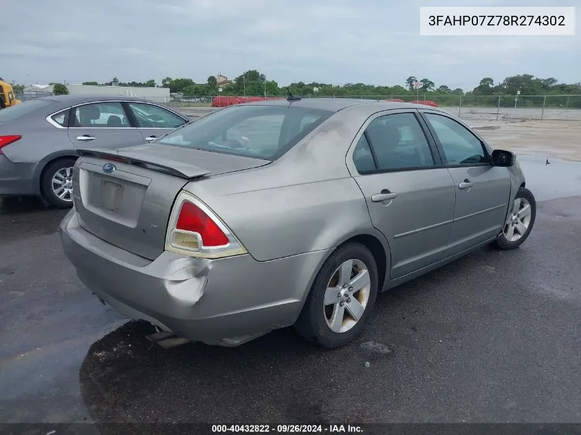 2008 Ford Fusion Se VIN: 3FAHP07Z78R274302 Lot: 40432822