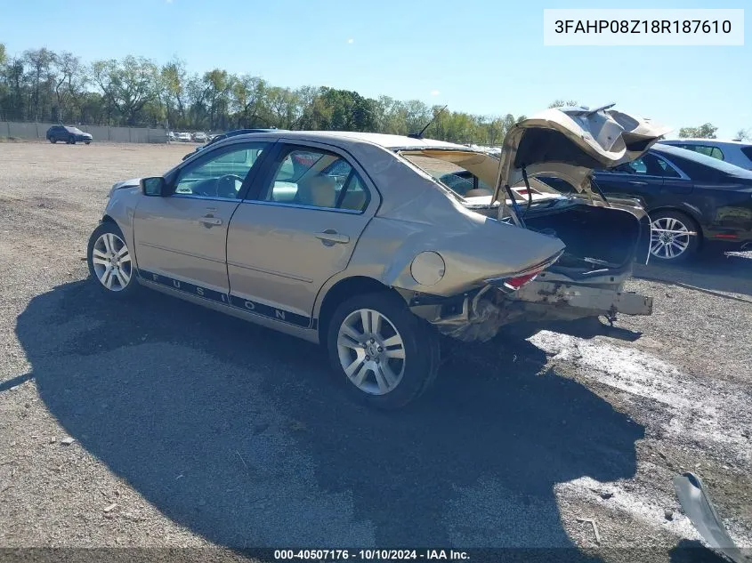 2008 Ford Fusion Sel VIN: 3FAHP08Z18R187610 Lot: 40507176