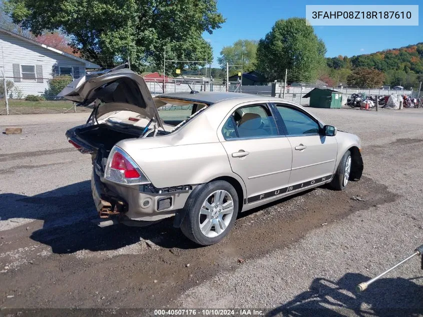 2008 Ford Fusion Sel VIN: 3FAHP08Z18R187610 Lot: 40507176