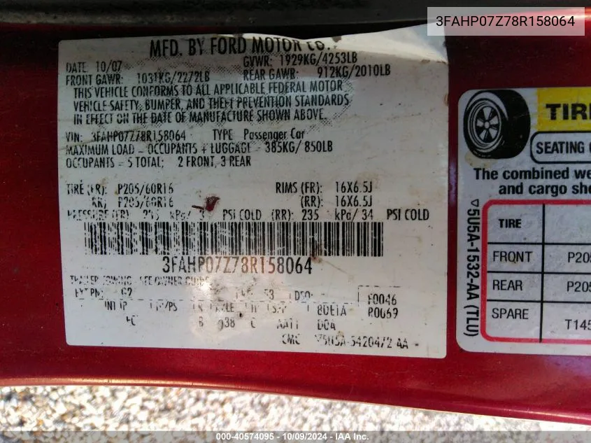 3FAHP07Z78R158064 2008 Ford Fusion Se