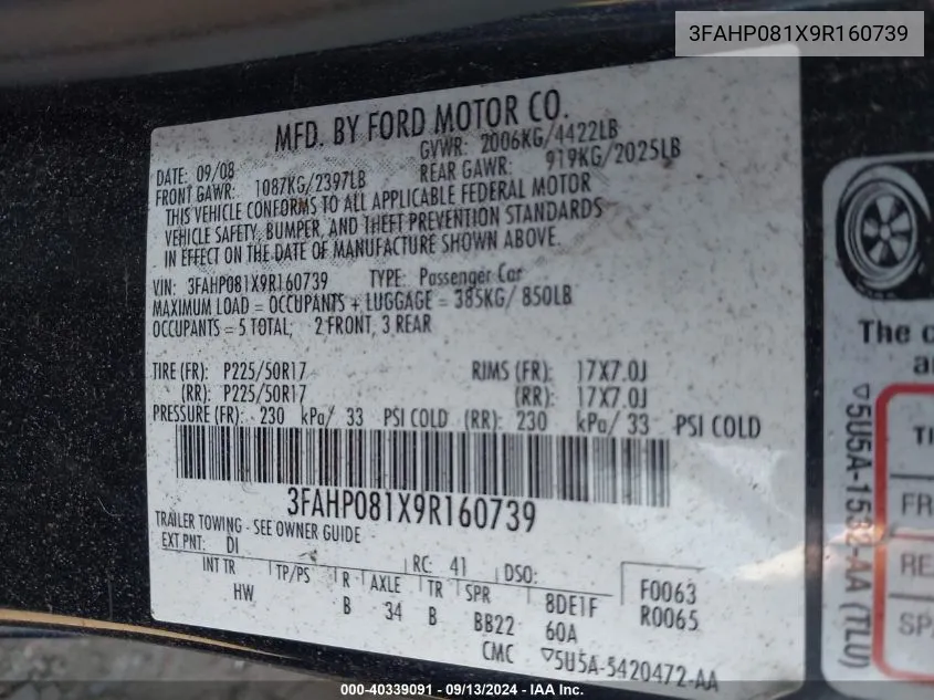 3FAHP081X9R160739 2009 Ford Fusion Sel