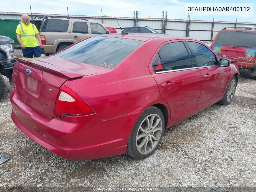 2010 Ford Fusion Se VIN: 3FAHP0HA0AR400112 Lot: 39785765