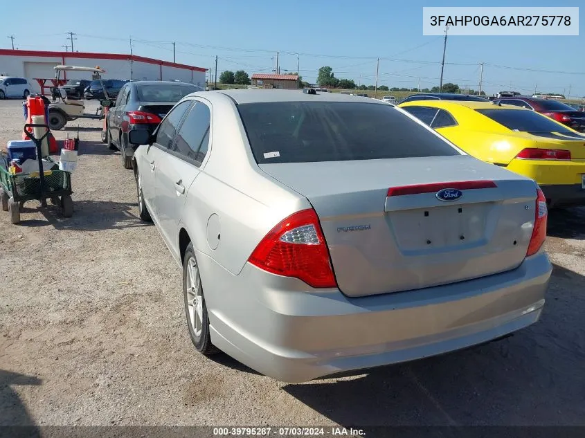 2010 Ford Fusion S VIN: 3FAHP0GA6AR275778 Lot: 39795287