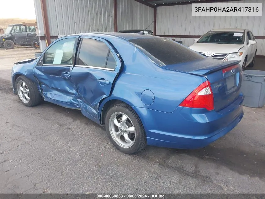 2010 Ford Fusion Se VIN: 3FAHP0HA2AR417316 Lot: 40060853