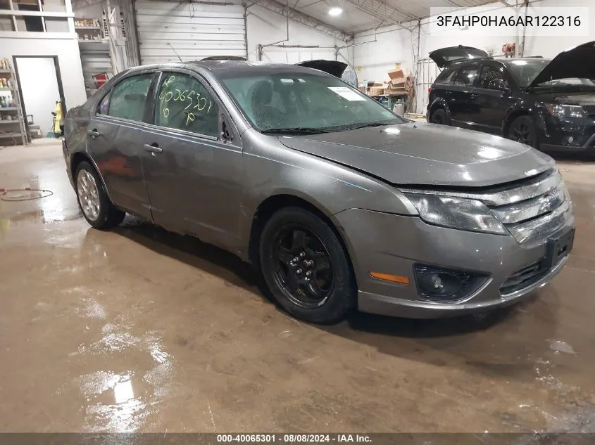 2010 Ford Fusion Se VIN: 3FAHP0HA6AR122316 Lot: 40065301