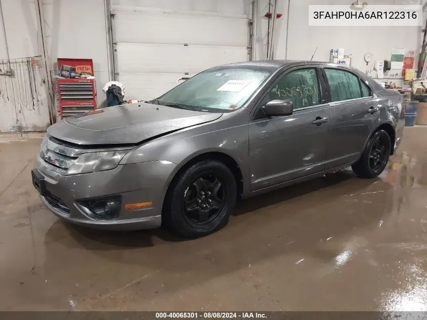 2010 Ford Fusion Se VIN: 3FAHP0HA6AR122316 Lot: 40065301