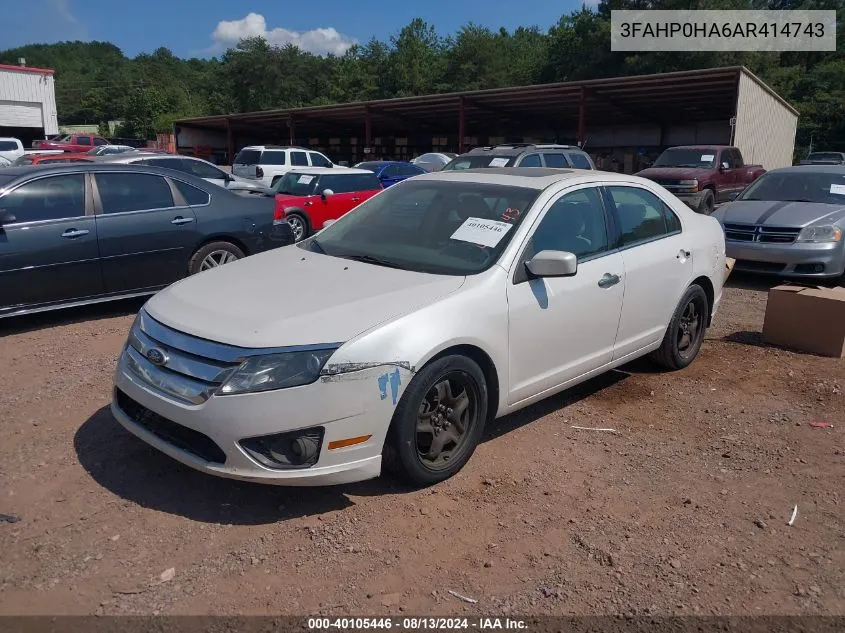 2010 Ford Fusion Se VIN: 3FAHP0HA6AR414743 Lot: 40105446