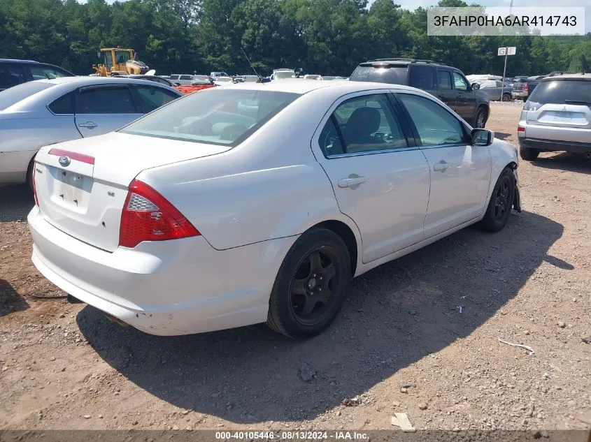 2010 Ford Fusion Se VIN: 3FAHP0HA6AR414743 Lot: 40105446