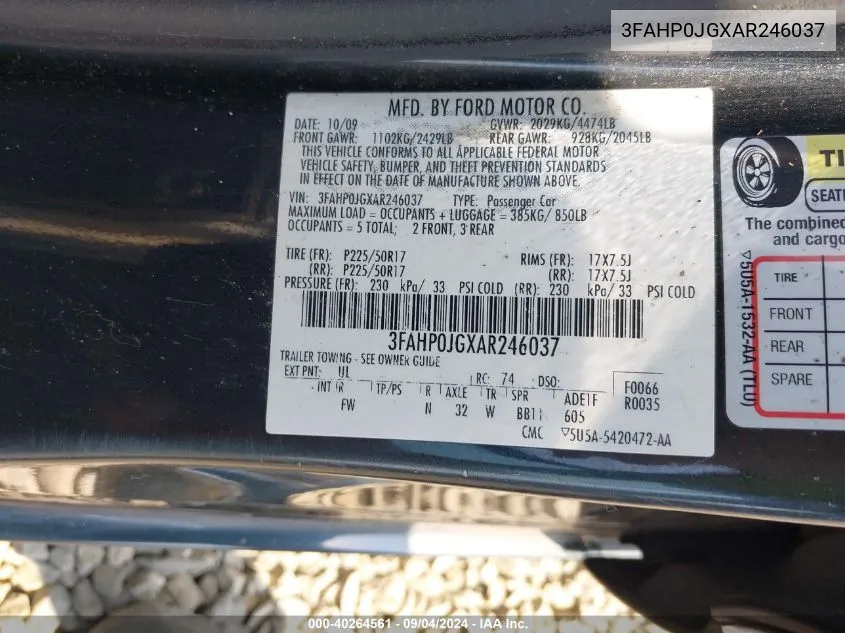 2010 Ford Fusion Sel VIN: 3FAHP0JGXAR246037 Lot: 40264561