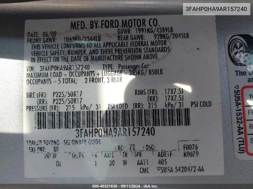 2010 Ford Fusion Se VIN: 3FAHP0HA9AR157240 Lot: 40321630