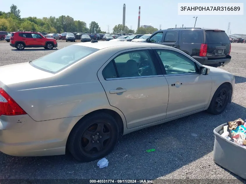 2010 Ford Fusion Se VIN: 3FAHP0HA7AR316689 Lot: 40331774