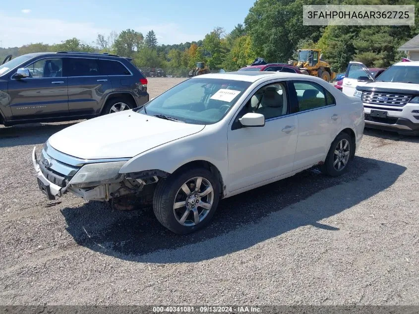 2010 Ford Fusion Se VIN: 3FAHP0HA6AR362725 Lot: 40341081