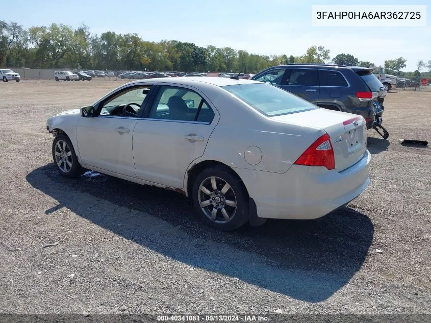 2010 Ford Fusion Se VIN: 3FAHP0HA6AR362725 Lot: 40341081