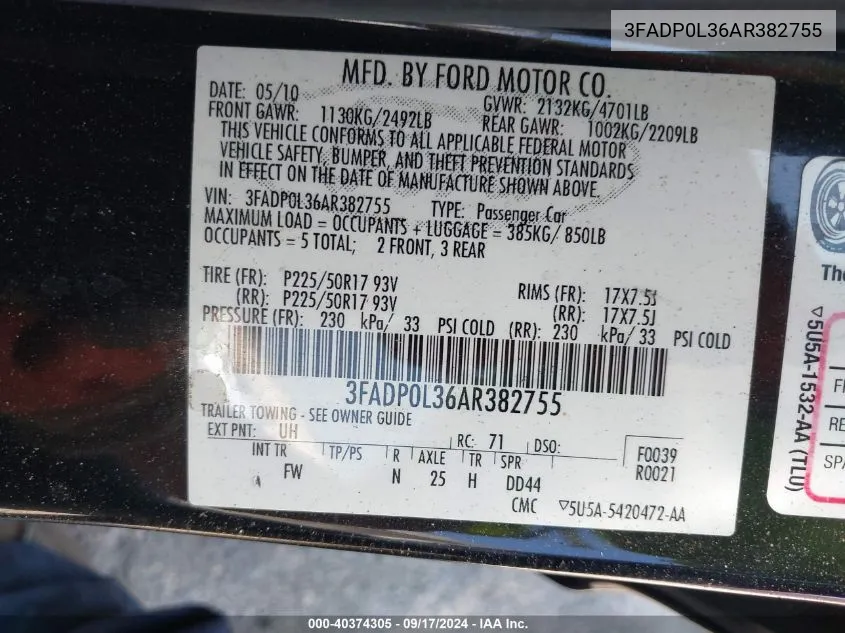 2010 Ford Fusion Hybrid VIN: 3FADP0L36AR382755 Lot: 40374305