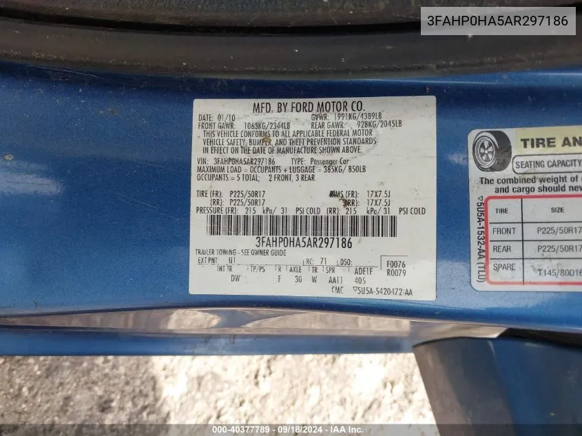 3FAHP0HA5AR297186 2010 Ford Fusion Se