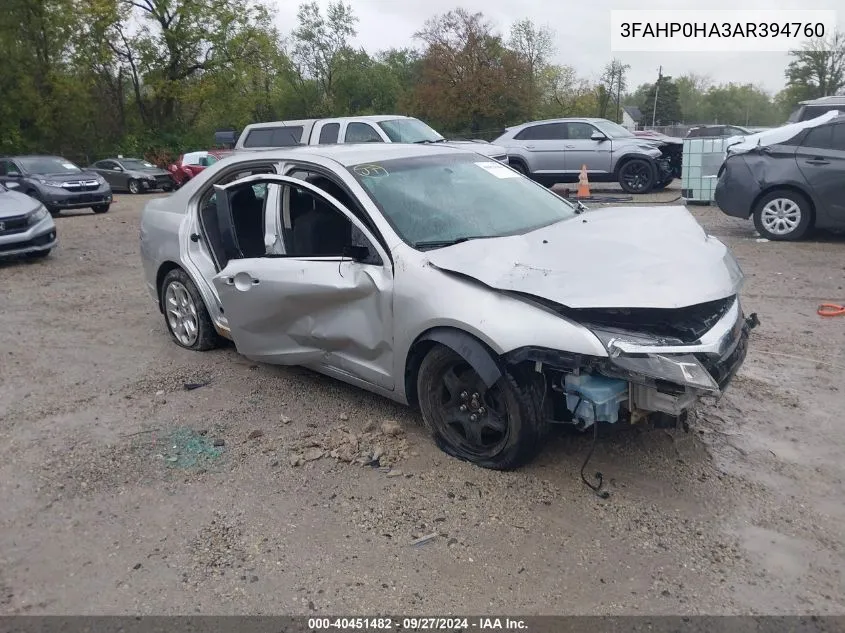 2010 Ford Fusion Se VIN: 3FAHP0HA3AR394760 Lot: 40451482