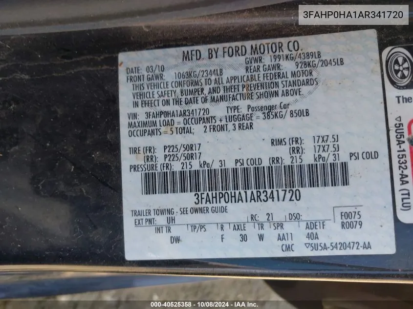 3FAHP0HA1AR341720 2010 Ford Fusion Se