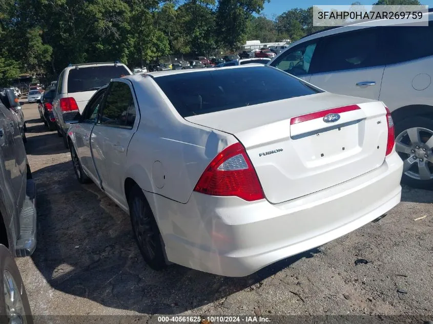 2010 Ford Fusion Se VIN: 3FAHP0HA7AR269759 Lot: 40561625