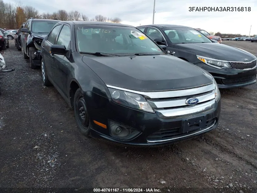 2010 Ford Fusion Se VIN: 3FAHP0HA3AR316818 Lot: 40761167