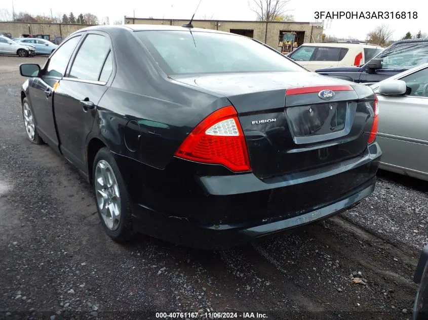 2010 Ford Fusion Se VIN: 3FAHP0HA3AR316818 Lot: 40761167