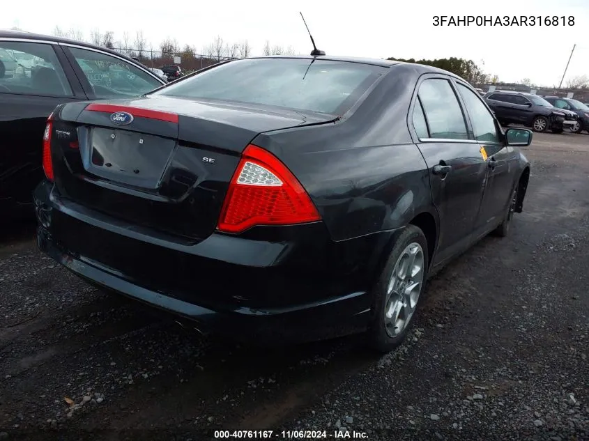 2010 Ford Fusion Se VIN: 3FAHP0HA3AR316818 Lot: 40761167