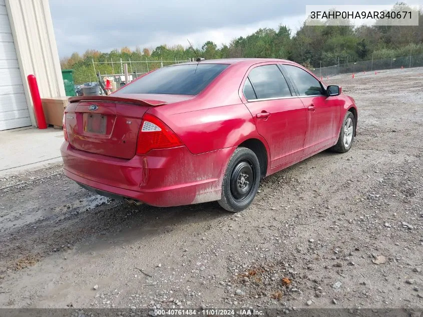 2010 Ford Fusion Se VIN: 3FAHP0HA9AR340671 Lot: 40761484