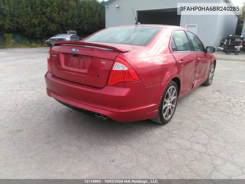 2011 Ford Fusion VIN: 3FAHP0HA6BR240285 Lot: 12114983