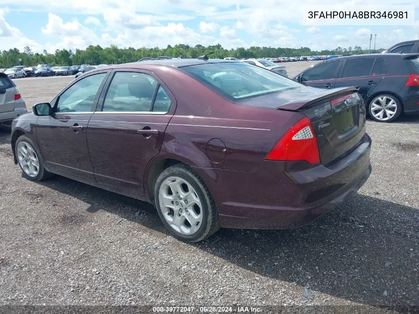 2011 Ford Fusion Se VIN: 3FAHP0HA8BR346981 Lot: 39772047