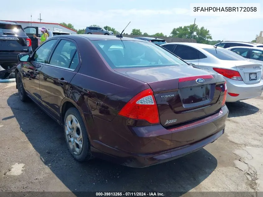 2011 Ford Fusion Se VIN: 3FAHP0HA5BR172058 Lot: 39813265