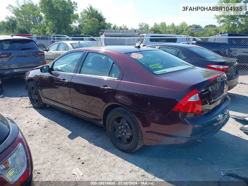 2011 Ford Fusion Se VIN: 3FAHP0HA8BR104935 Lot: 39814605