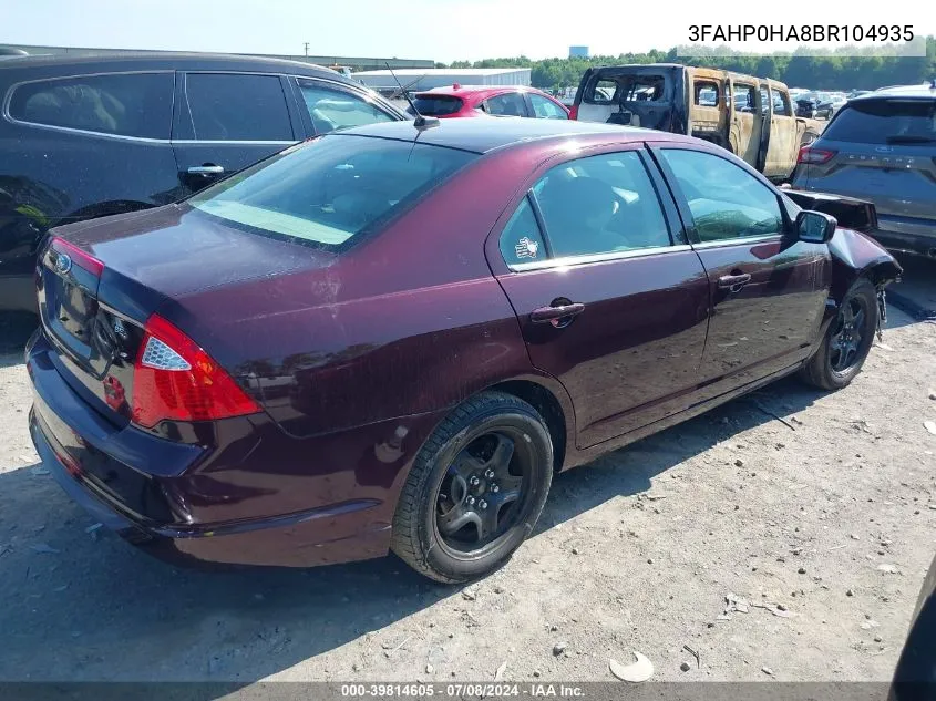 2011 Ford Fusion Se VIN: 3FAHP0HA8BR104935 Lot: 39814605