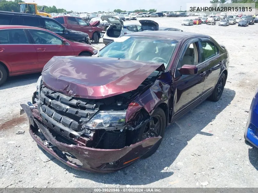 2011 Ford Fusion Se VIN: 3FAHP0HA2BR151815 Lot: 39820946