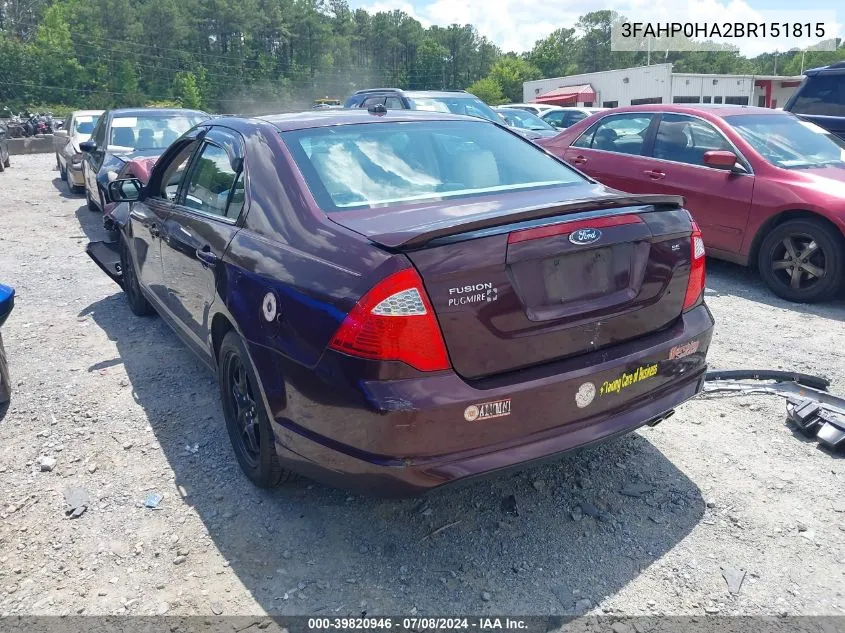 2011 Ford Fusion Se VIN: 3FAHP0HA2BR151815 Lot: 39820946