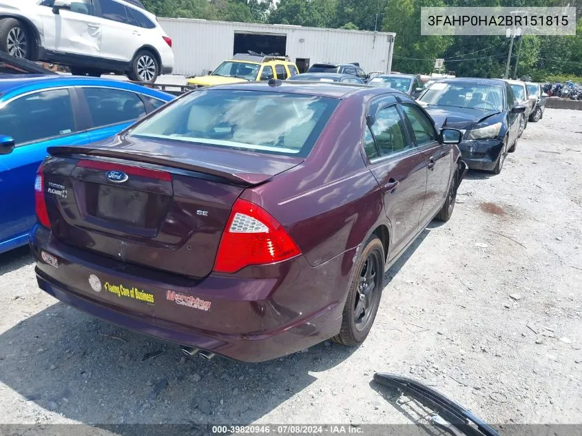 2011 Ford Fusion Se VIN: 3FAHP0HA2BR151815 Lot: 39820946