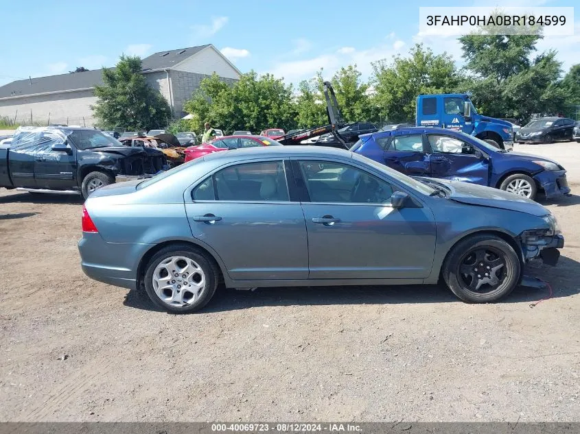 2011 Ford Fusion Se VIN: 3FAHP0HA0BR184599 Lot: 40069723