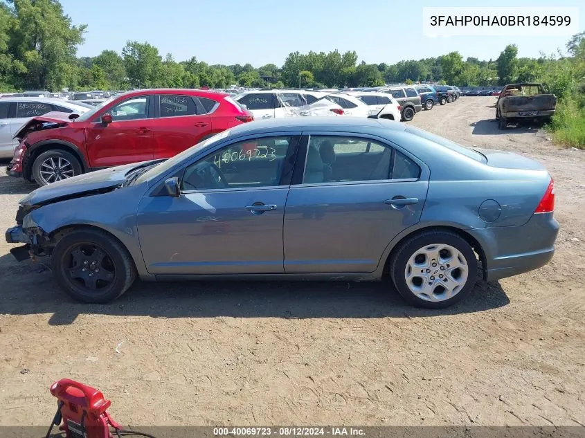 2011 Ford Fusion Se VIN: 3FAHP0HA0BR184599 Lot: 40069723