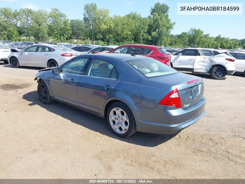 2011 Ford Fusion Se VIN: 3FAHP0HA0BR184599 Lot: 40069723