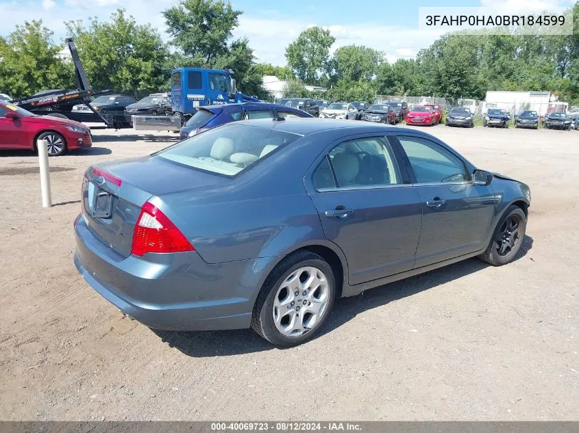 2011 Ford Fusion Se VIN: 3FAHP0HA0BR184599 Lot: 40069723