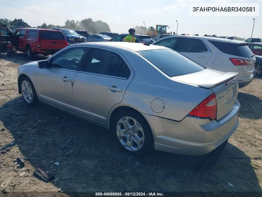 2011 Ford Fusion Se VIN: 3FAHP0HA6BR340581 Lot: 40088805