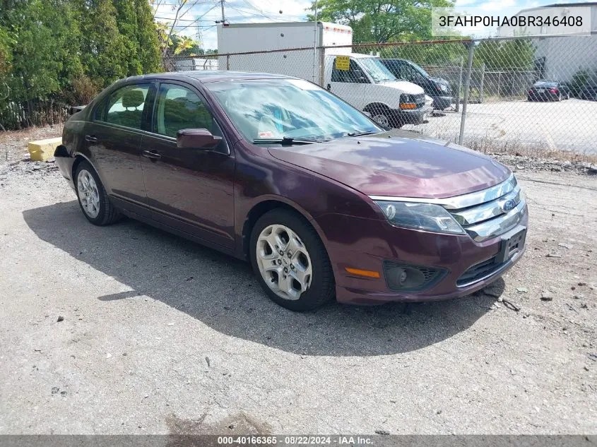 2011 Ford Fusion Se VIN: 3FAHP0HA0BR346408 Lot: 40166365