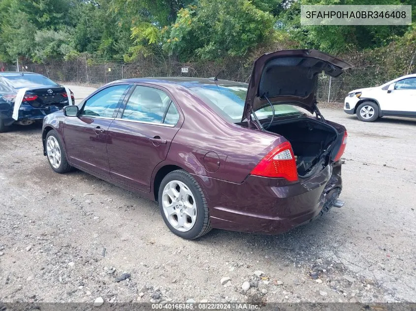 2011 Ford Fusion Se VIN: 3FAHP0HA0BR346408 Lot: 40166365