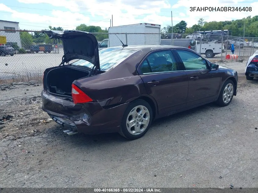 2011 Ford Fusion Se VIN: 3FAHP0HA0BR346408 Lot: 40166365