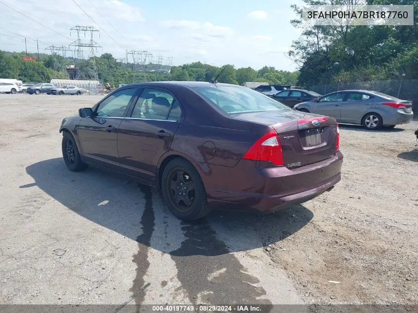 2011 Ford Fusion Se VIN: 3FAHP0HA7BR187760 Lot: 40197749