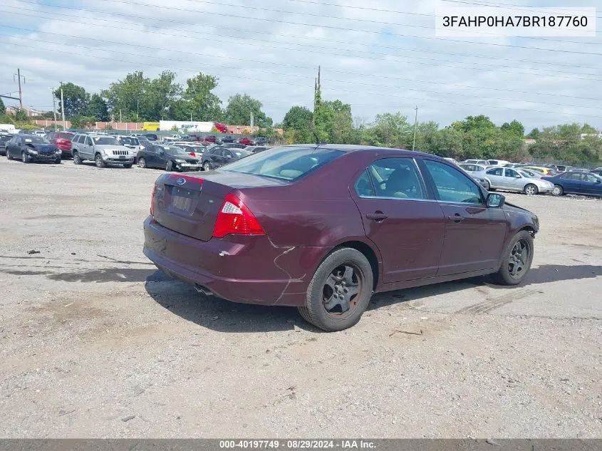 2011 Ford Fusion Se VIN: 3FAHP0HA7BR187760 Lot: 40197749