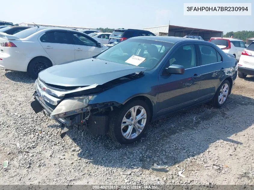 2011 Ford Fusion Se VIN: 3FAHP0HA7BR230994 Lot: 40212817