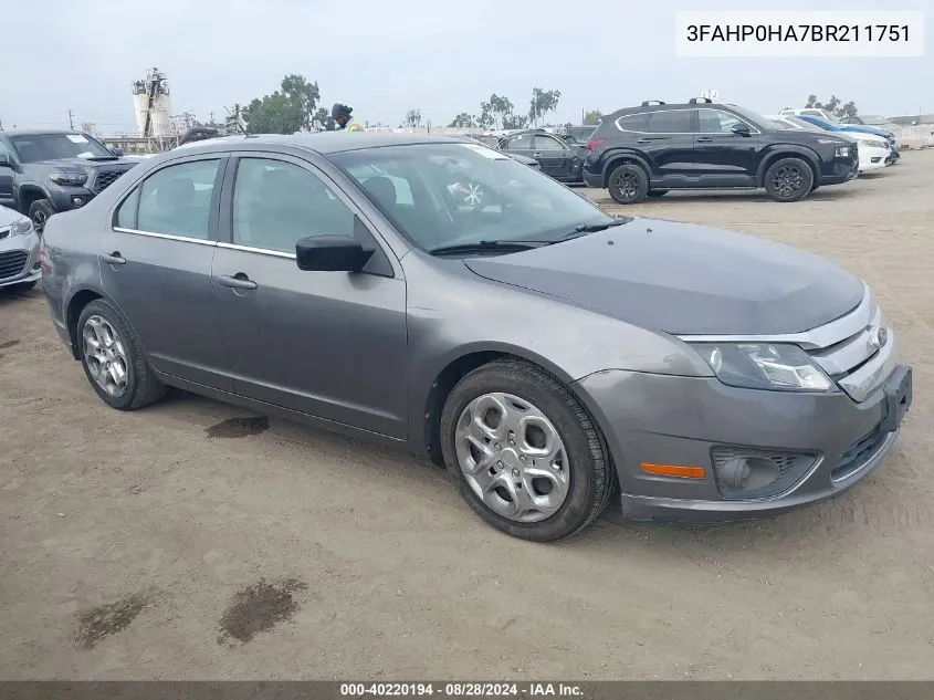 2011 Ford Fusion Se VIN: 3FAHP0HA7BR211751 Lot: 40220194