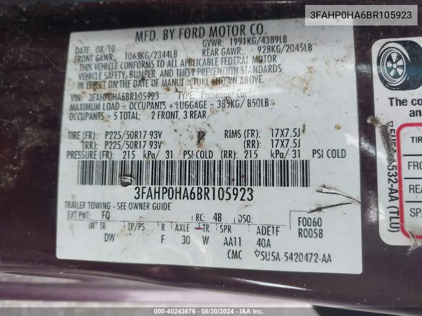 3FAHP0HA6BR105923 2011 Ford Fusion Se