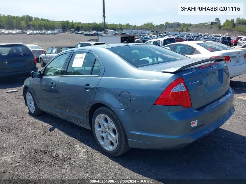 2011 Ford Fusion Se VIN: 3FAHP0HA8BR201116 Lot: 40251906